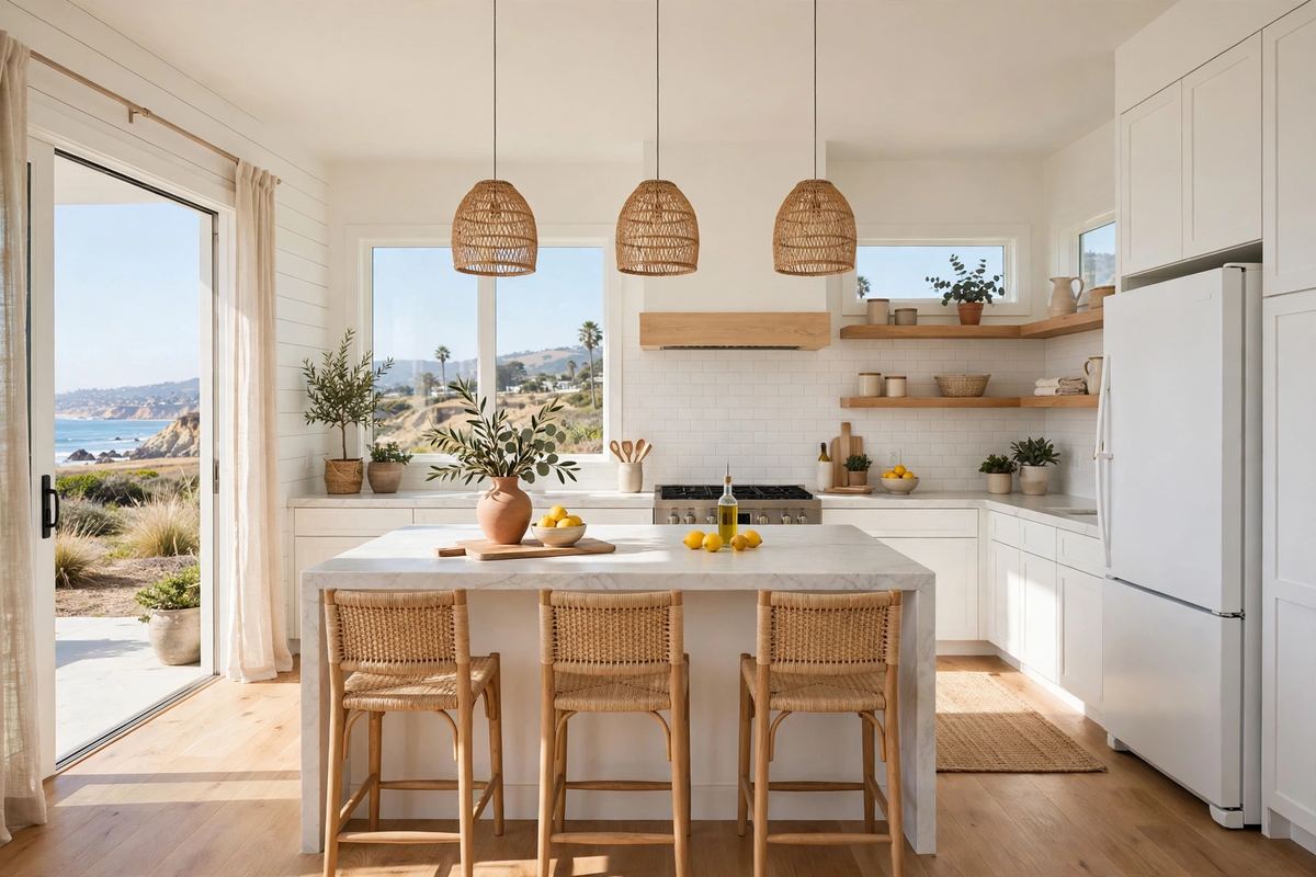 Bright coastal kitchen with appliances