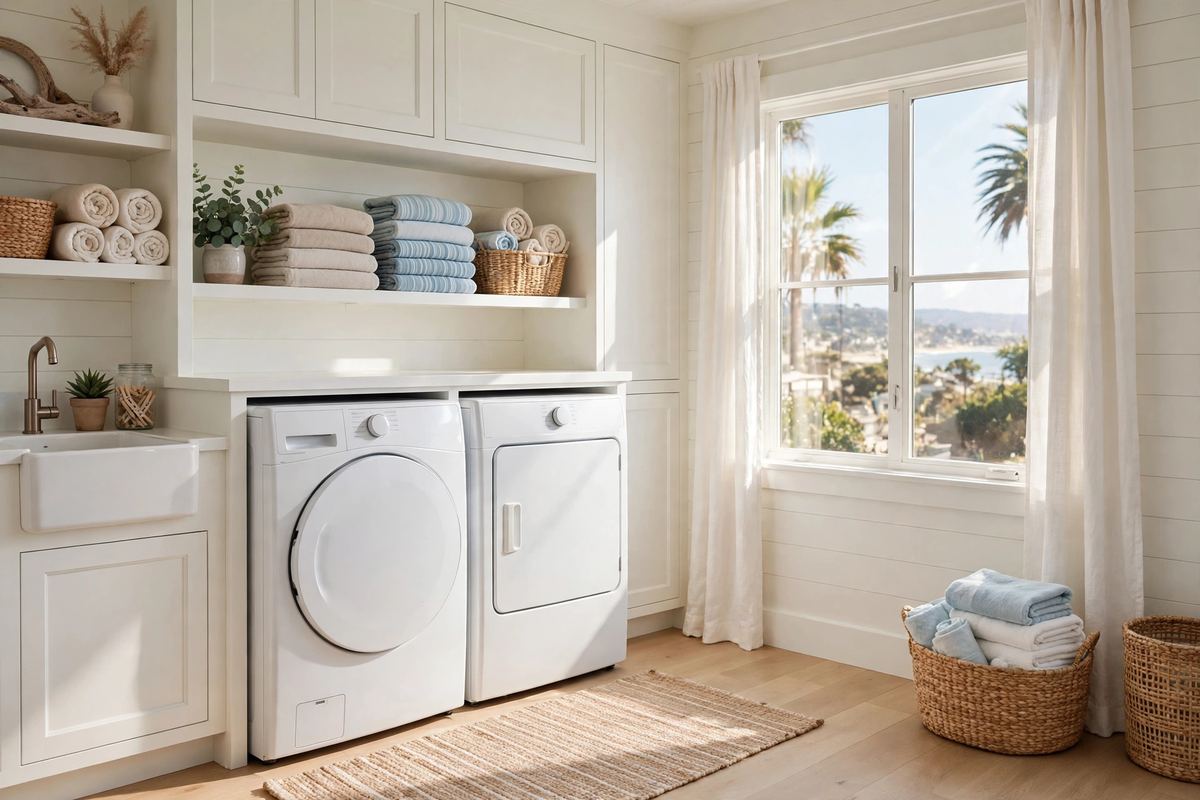 Bright coastal laundry room with washer and dryer